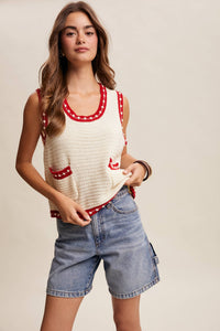 Thumbnail for Contrast Trim Sleeveless Knit Top