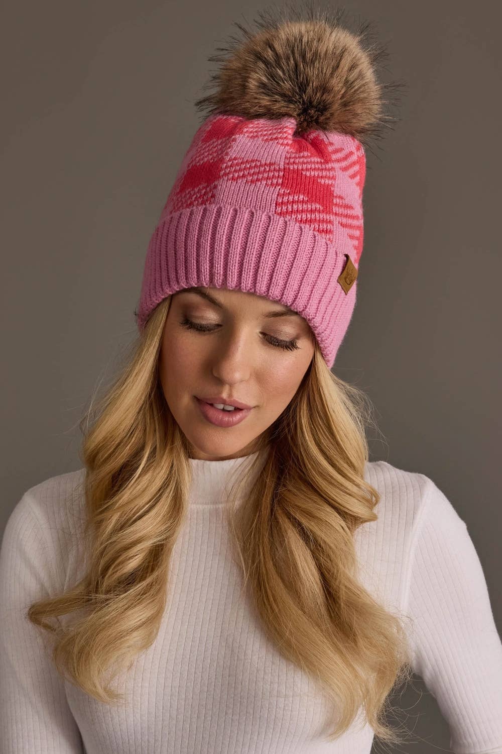 Pink & Bright Pink Plaid Knit Pom Hat
