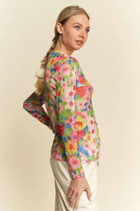 Thumbnail for Floral Mesh Round Neck Long-Sleeve Top