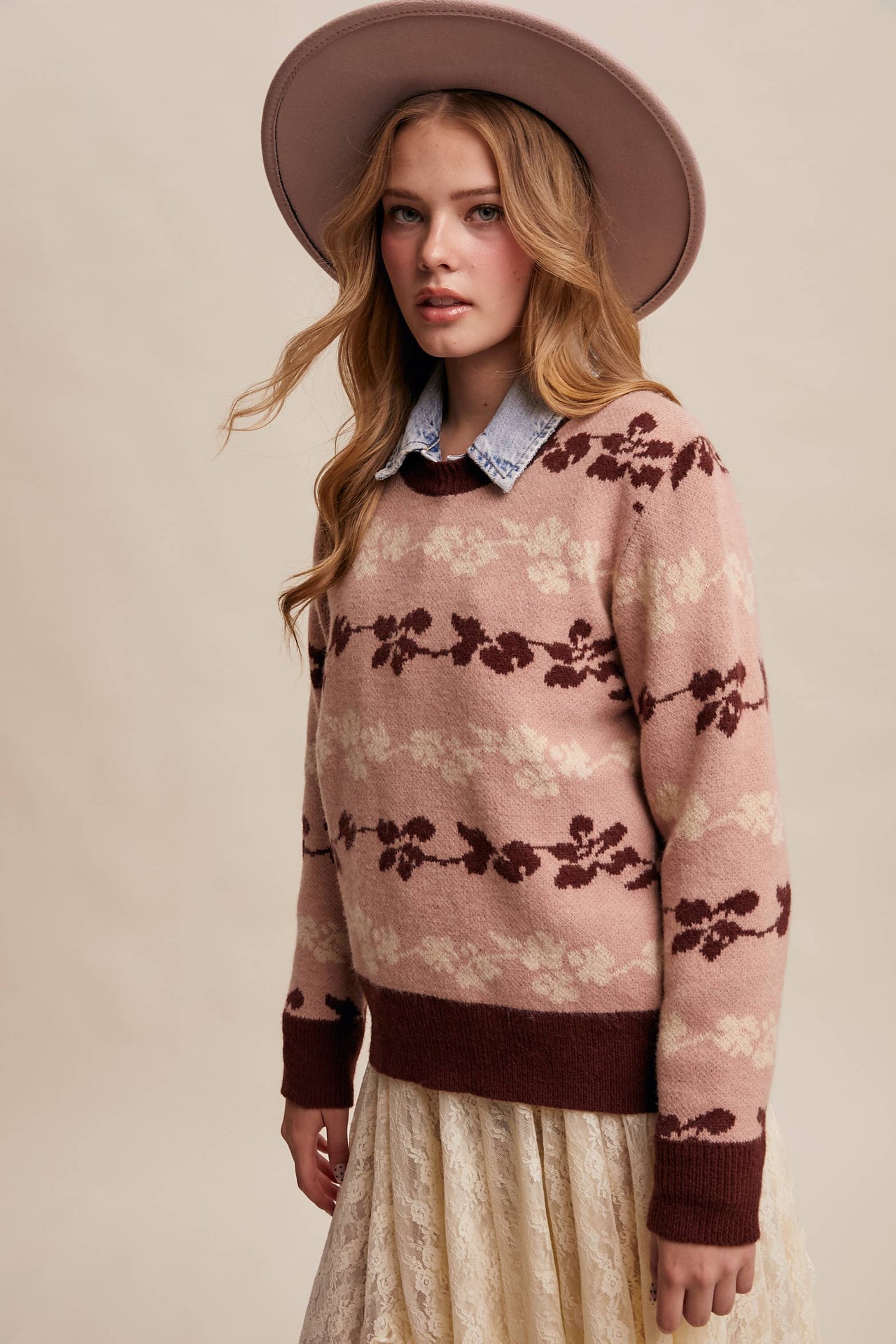 Floral Jacquard Knit Muted Rose Pullover Sweater
