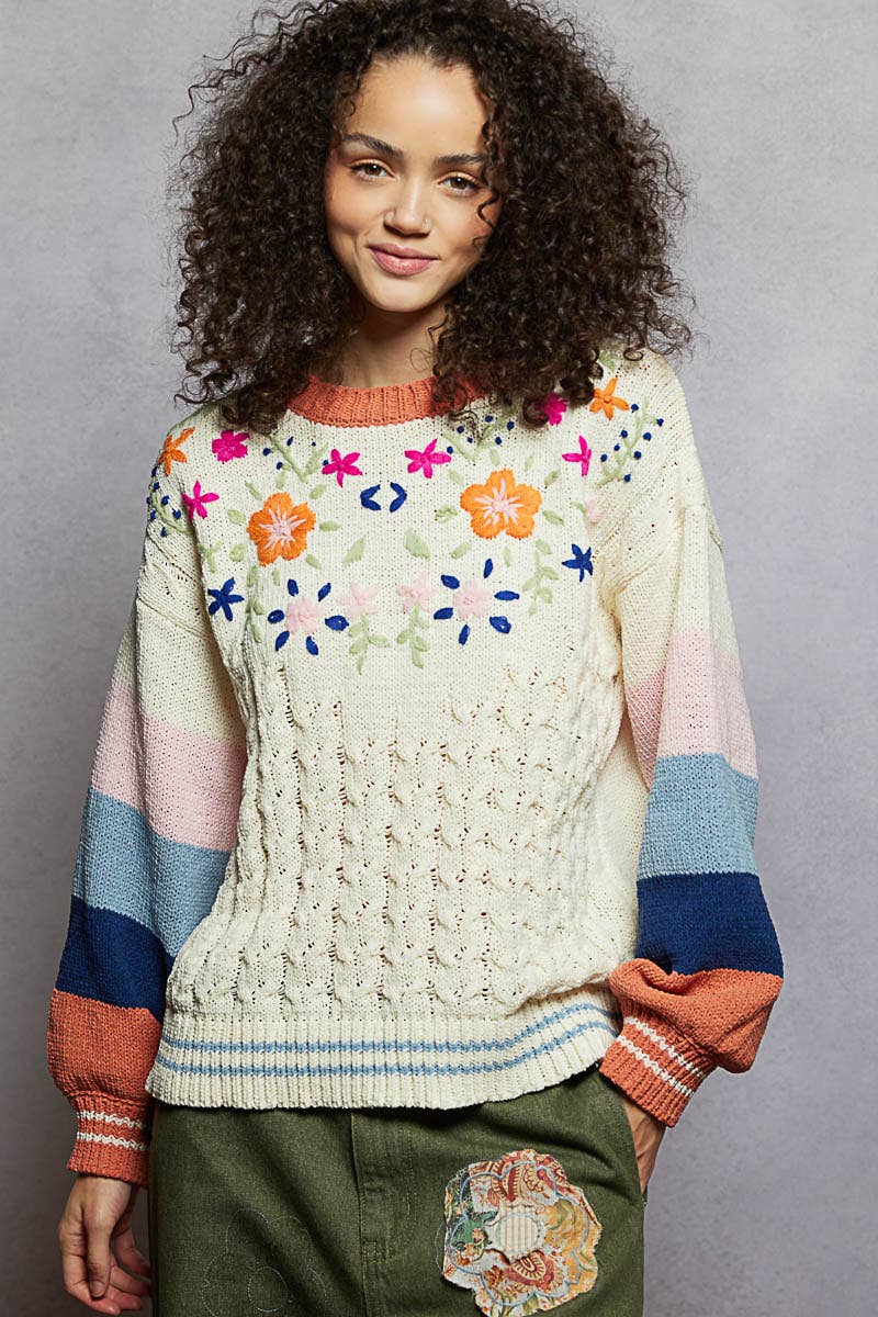 Color block pattern floral embroidered chenille sweater top