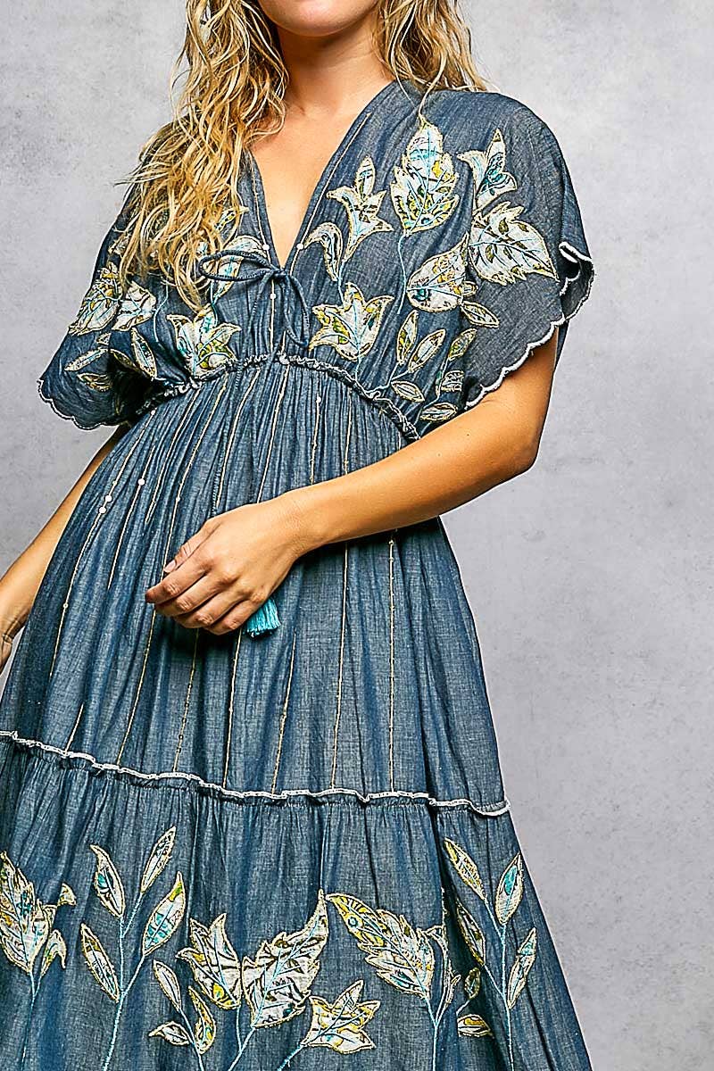 The Paloma Embroidered Denim Maxi Dress