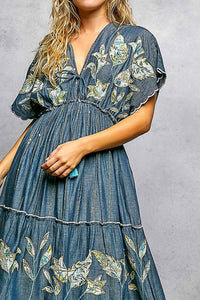 Thumbnail for Embroidery Ruffle Neck Loop Cotton Denim V-neck Long Dress