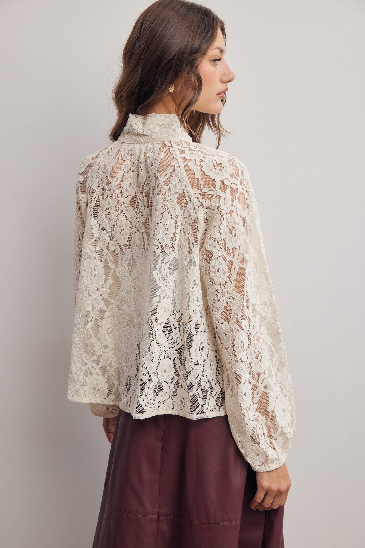 Sheer Lace Tie Neck Blouse FT0059