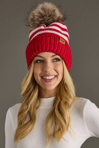 Thumbnail for Red & Pink Striped Pom Hat