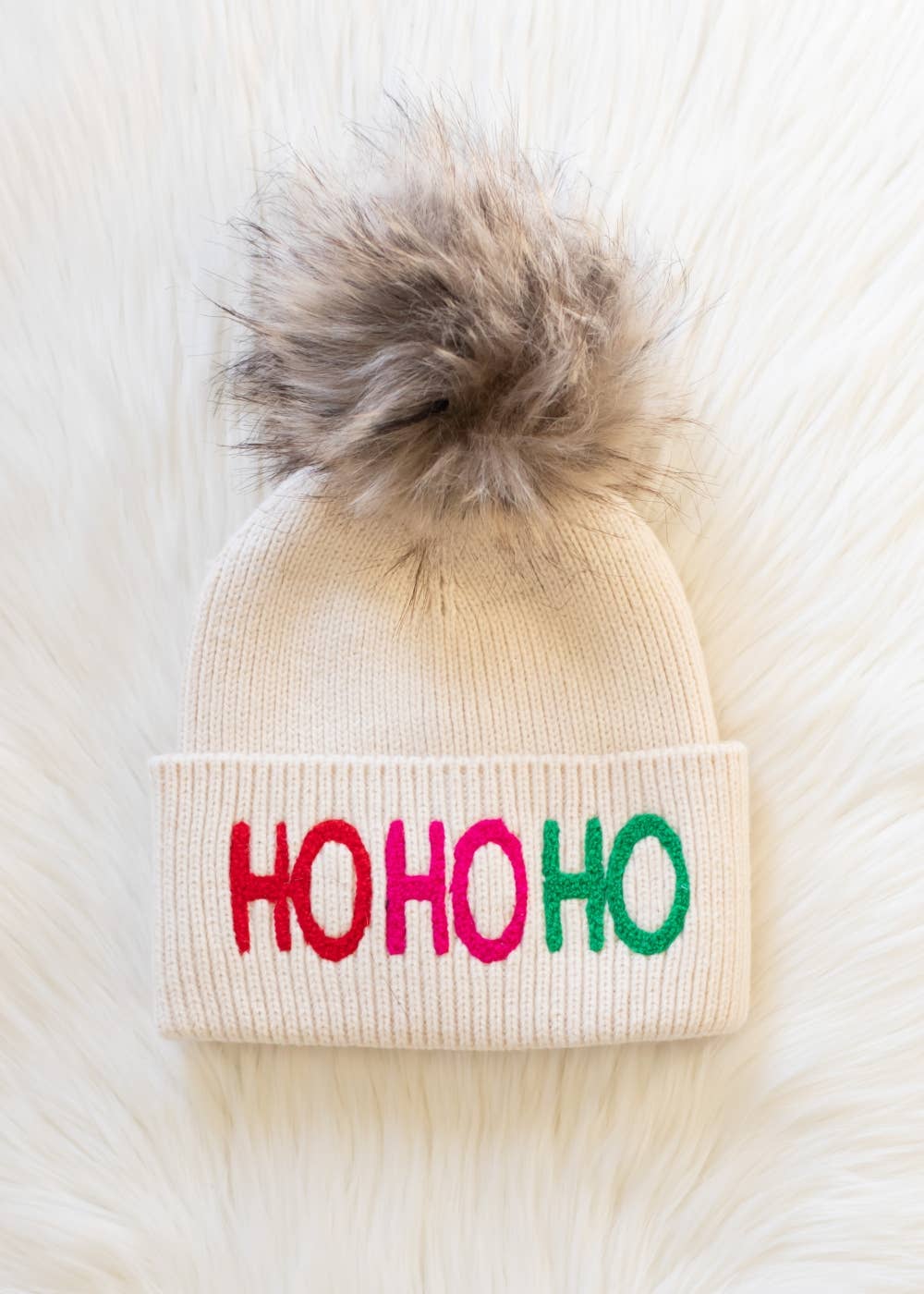 Beige Ho Ho Ho Knit Pom Hat