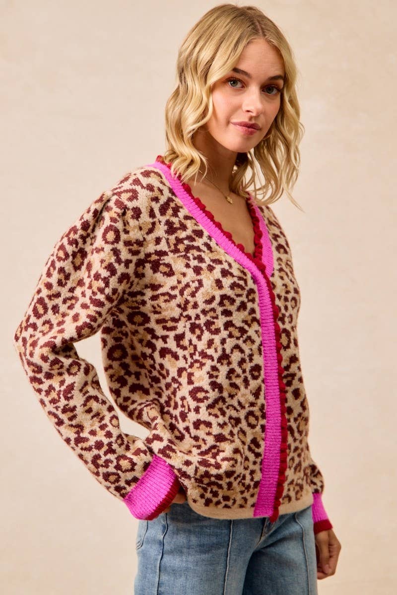 Leopard Artwork Pullover Sweater Top Contrast Edge