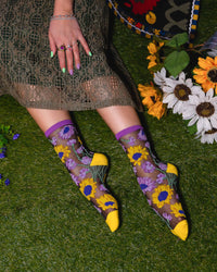 Thumbnail for Mixed Sunflowers Black Sheer Crew Sock