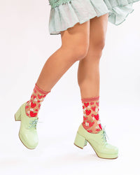 Thumbnail for Strawberry Daisy Ruffle Sheer Crew Sock