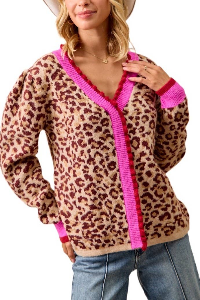 Leopard Artwork Pullover Sweater Top Contrast Edge