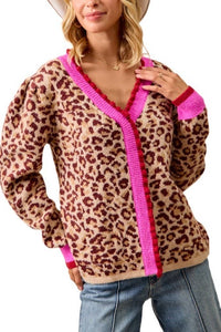 Thumbnail for Leopard Artwork Pullover Sweater Top Contrast Edge