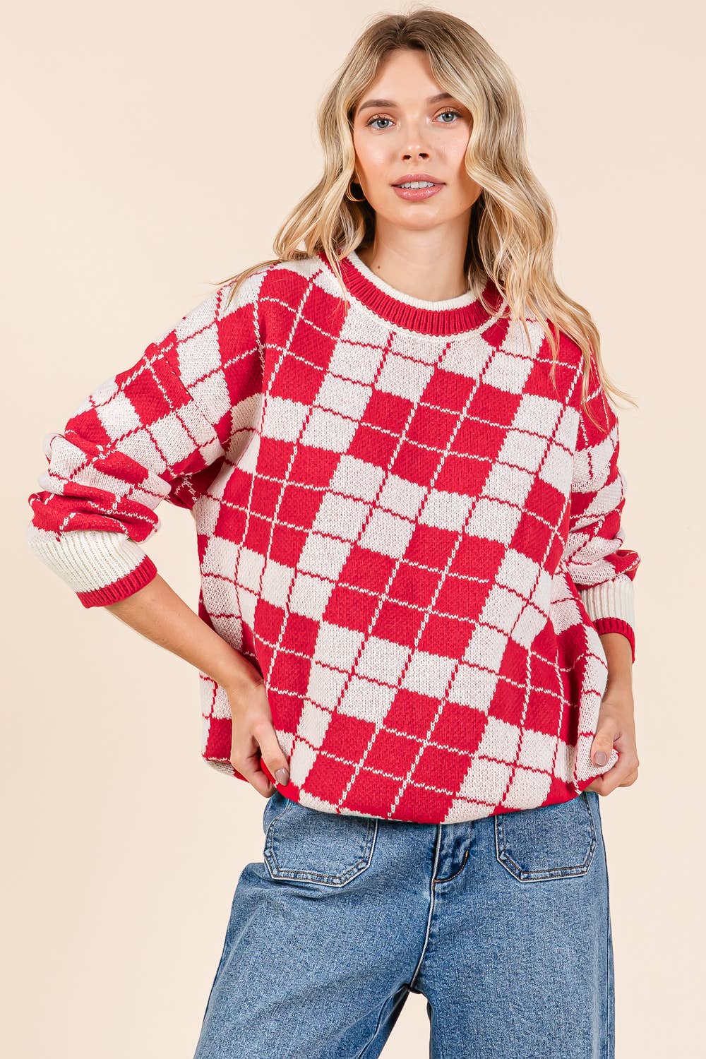 Plus Oversized Checker Knit Sweater