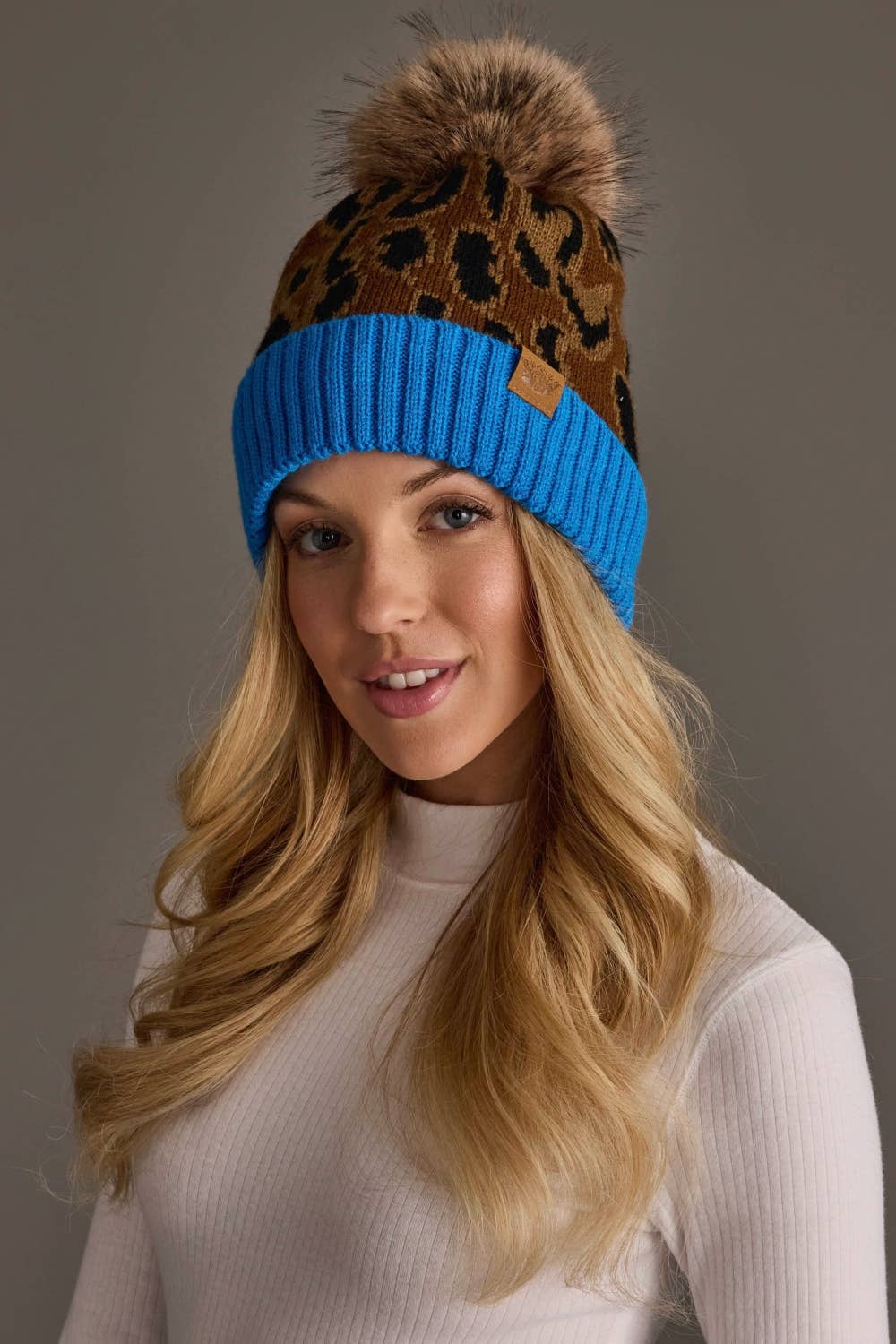 Brown Leopard Pattern Pom Hat with Blue Cuff