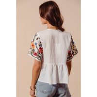 Thumbnail for FLORAL EMBROIDERED BABY DOLL BLOUSE TOP