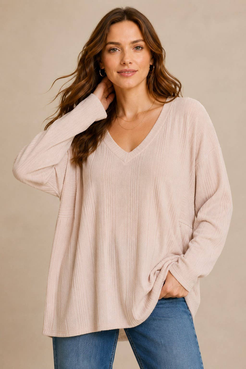 Plus size Rib knit long sleeve top with side yoke.