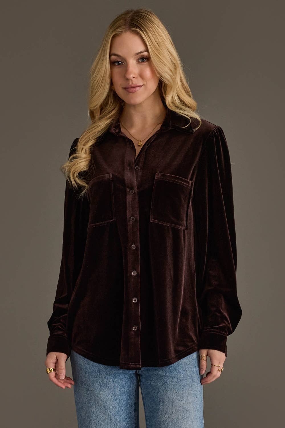 Espresso Brown Velvet Button Up