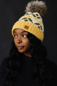Thumbnail for Ivory & Yellow Lemon Patterned Pom Hat