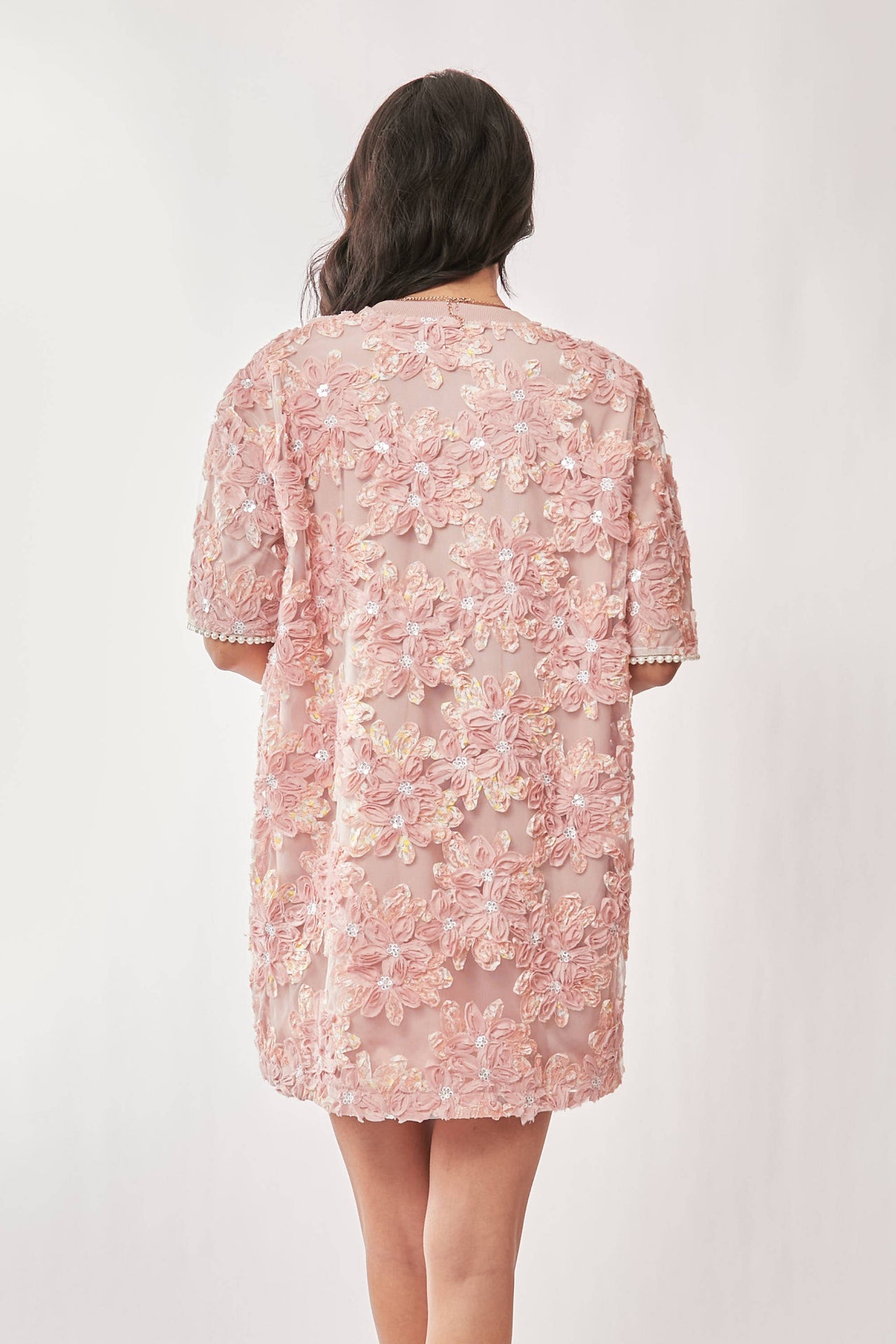 FLORAL EMBROIDERY SEQUINED MESH MINI DRESS