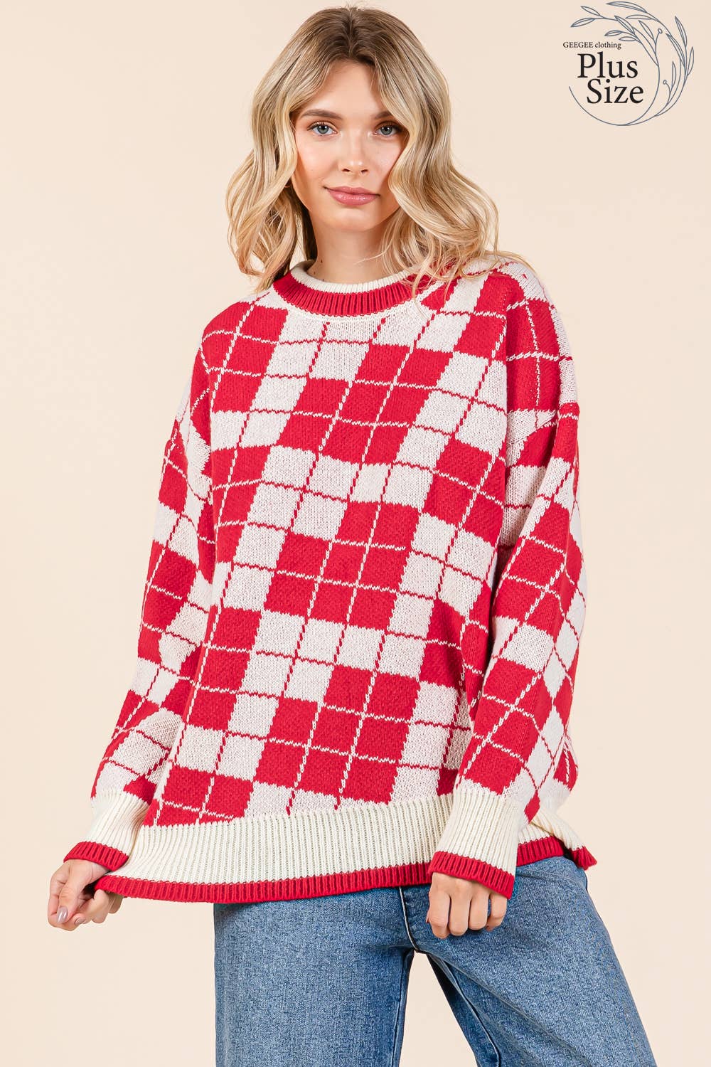 Plus Oversized Checker Knit Sweater