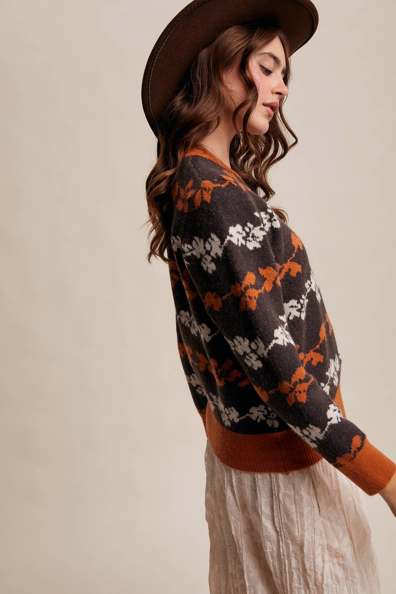 Floral Jacquard Knit Muted Rose Pullover Sweater