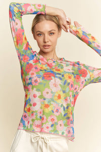 Thumbnail for PLUS FLOWER PRINT MESH ROUND NECK LONG SLEEVE TOP