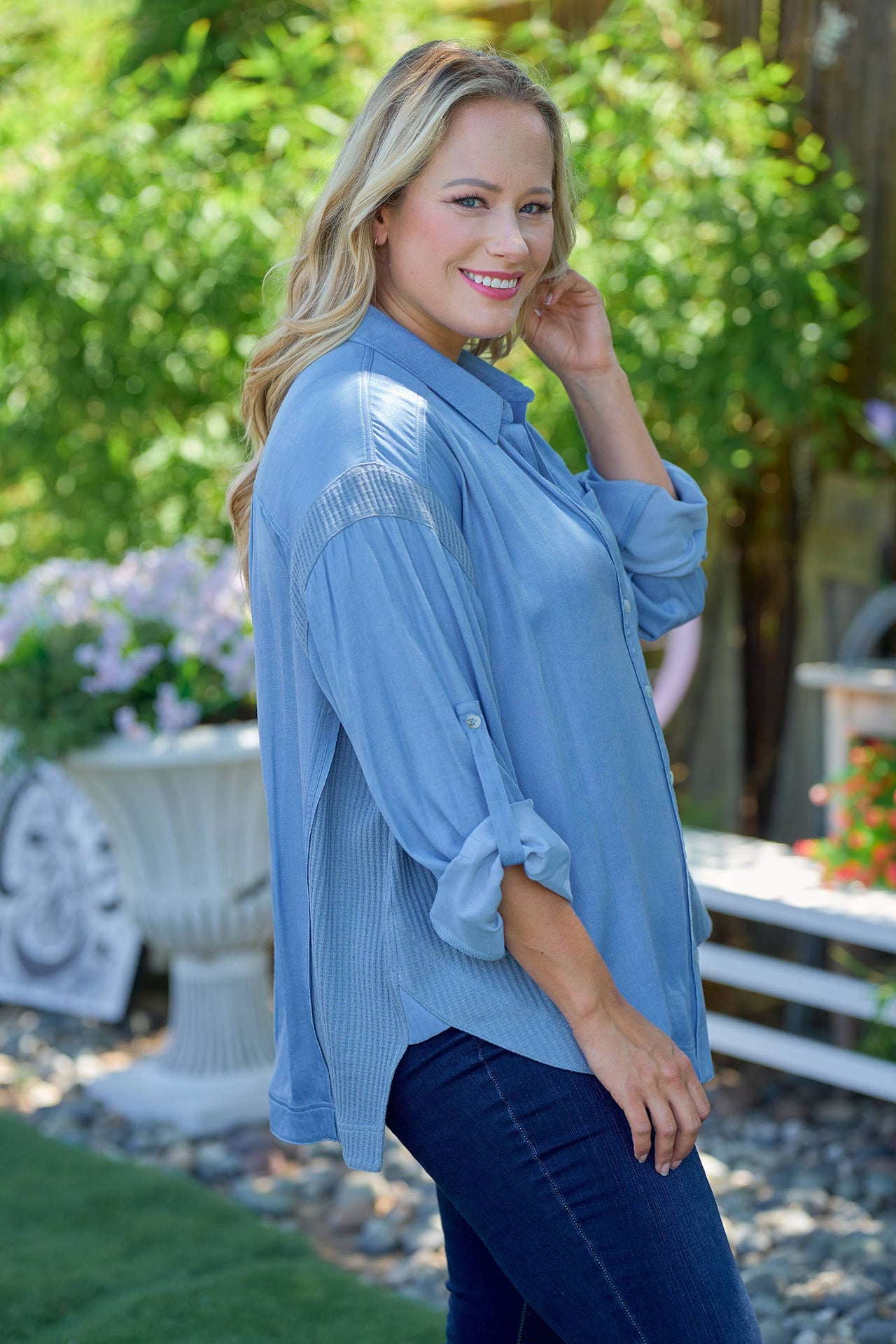 Plus Breezy Denim-Blue Button-Up