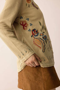 Thumbnail for Birdsong Bloom Embroidered Top in Almond color