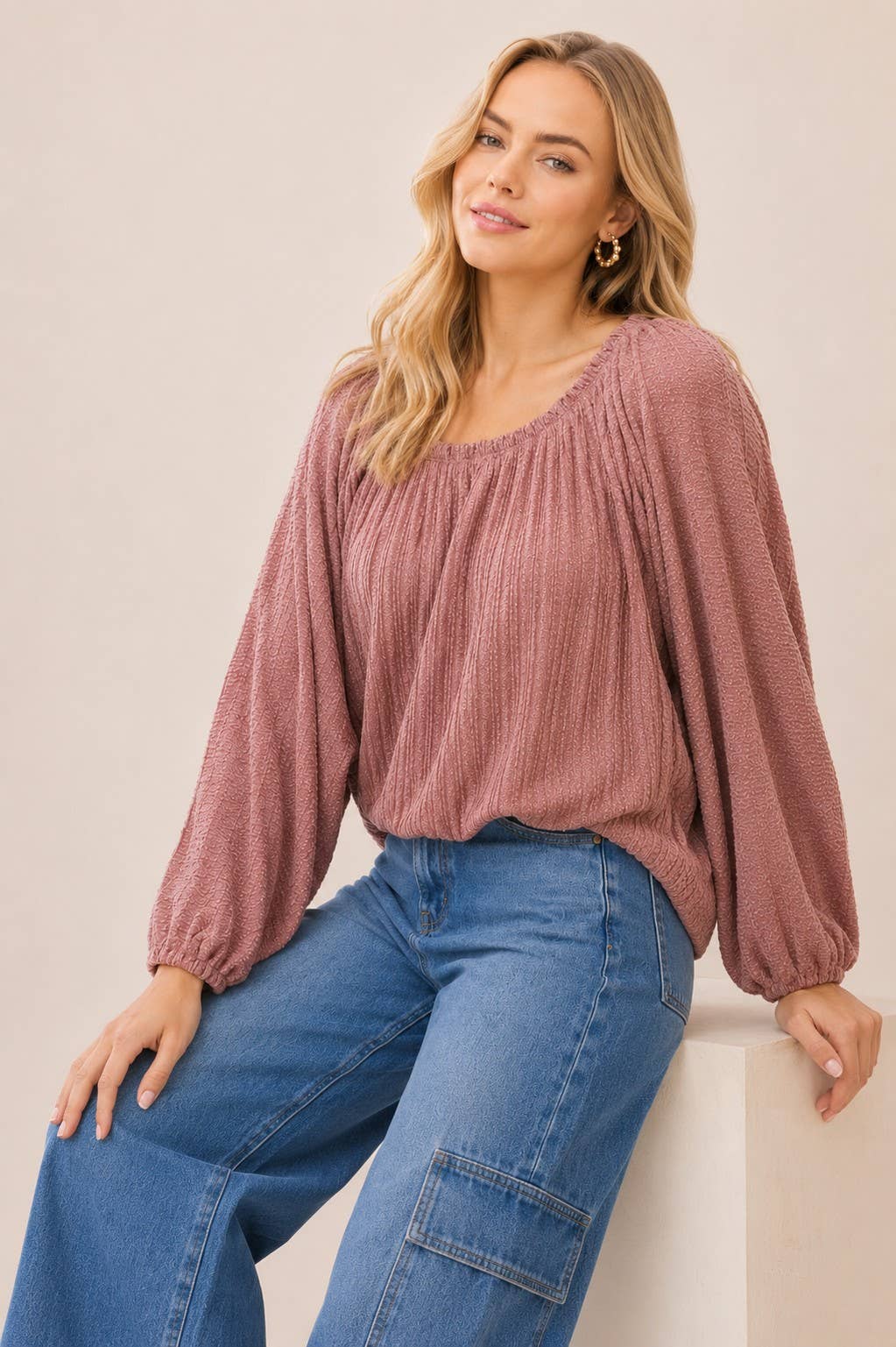 Plus pleated two tone solid dolman knit top