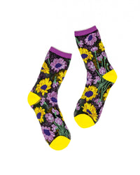 Thumbnail for Mixed Sunflowers Black Sheer Crew Sock