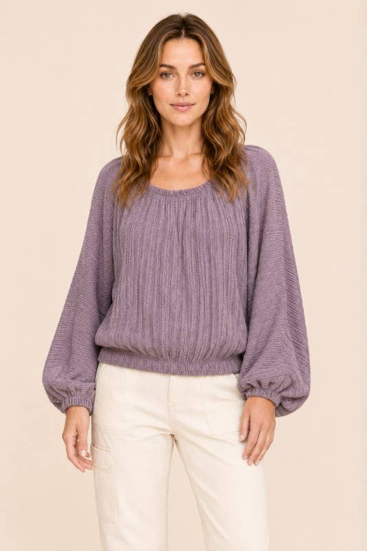 Plus pleated two tone solid dolman knit top