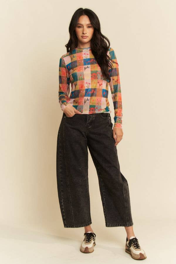 MULTI CHECKER FLORAL PRINTED LONG SLEEVE MESH TOP