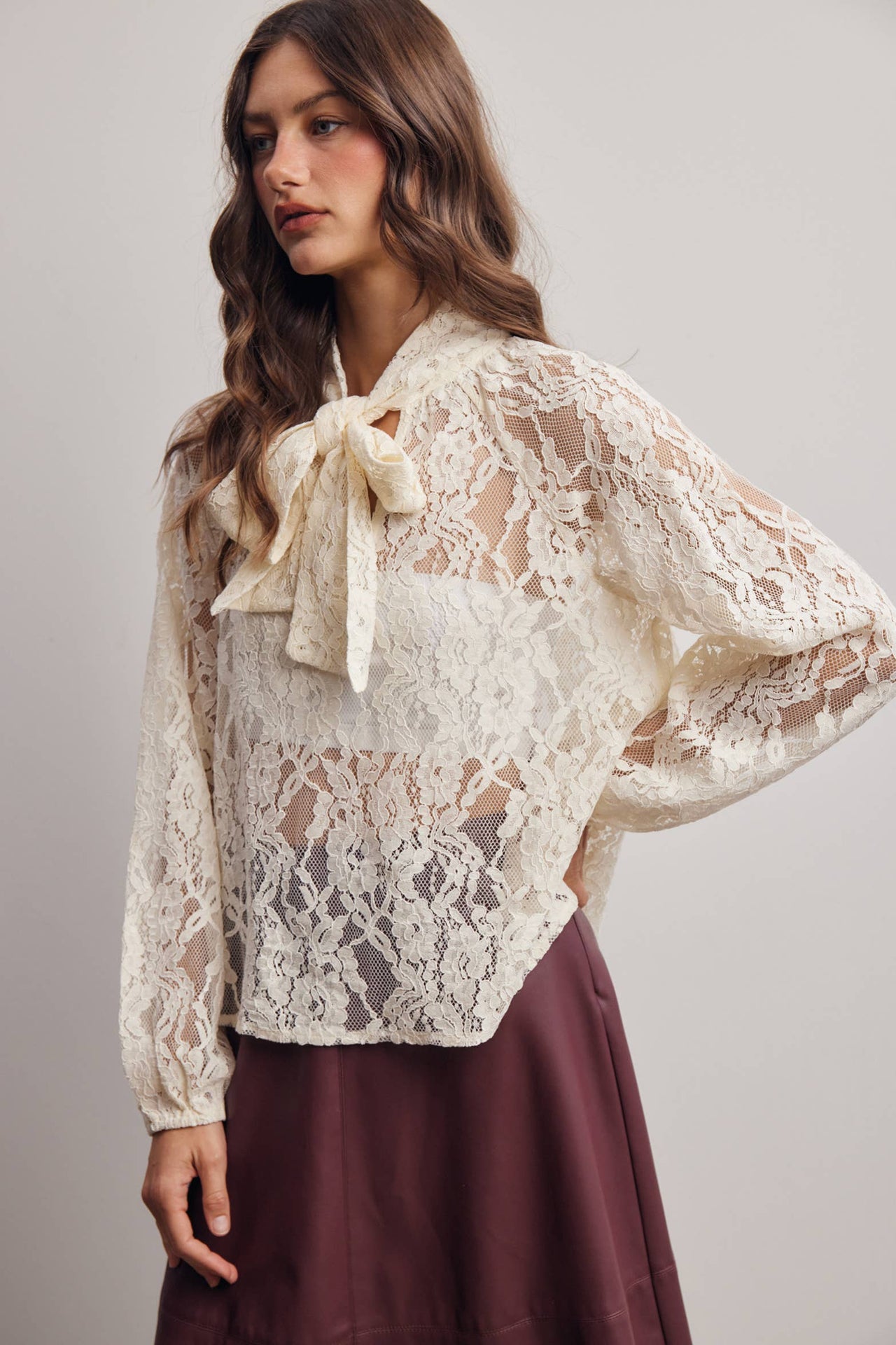 Sheer Lace Tie Neck Blouse FT0059
