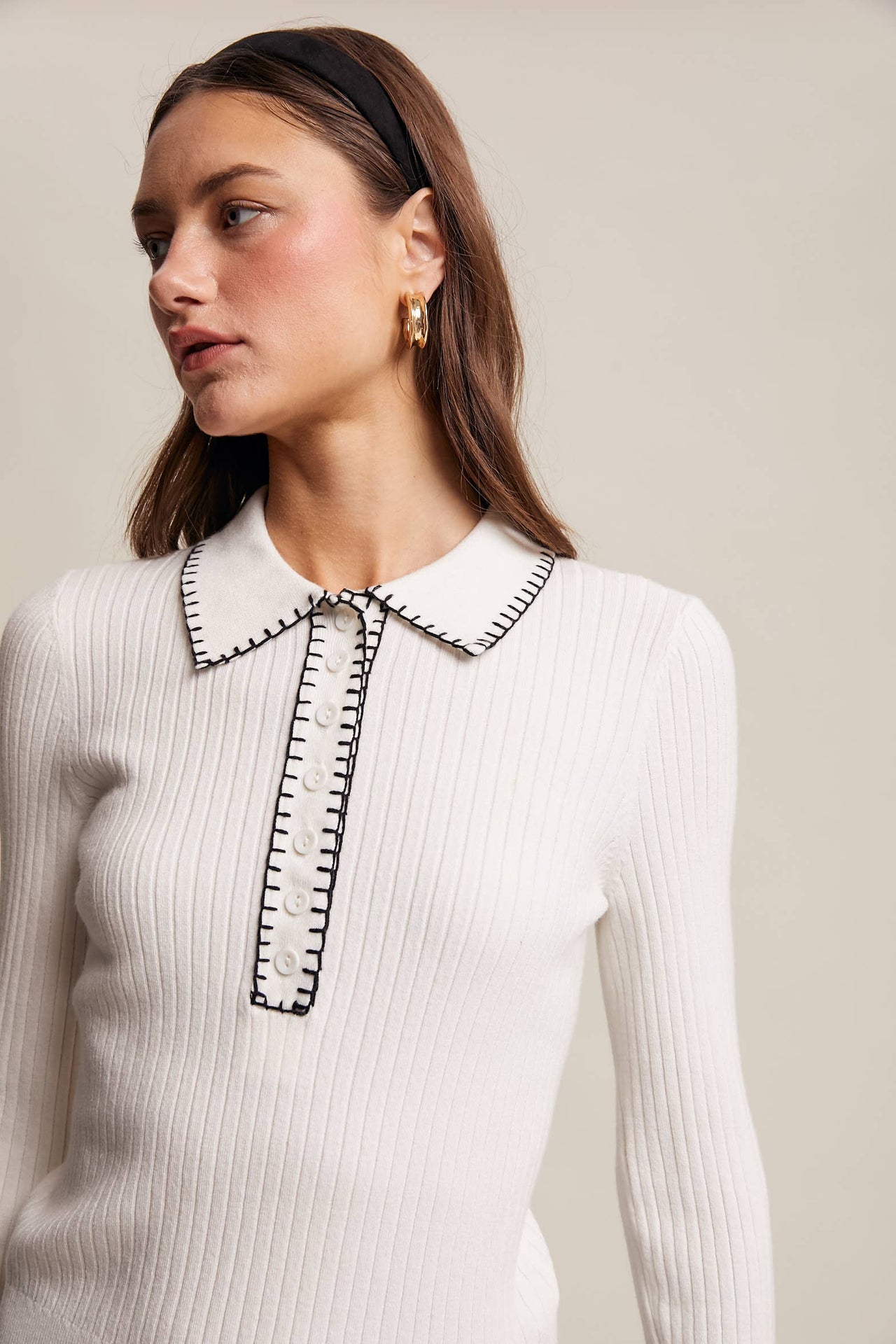 Contrast Stitch Ribbed Knit Top Black and Soft Cream