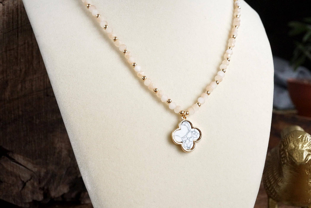 Short Beaded Clover Pendant Necklace with Semi-Precious Stone Beads