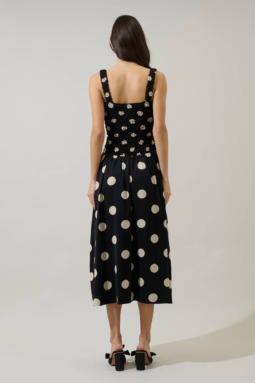 The Demi Dress, Ruched Polka Dot Midi Dress