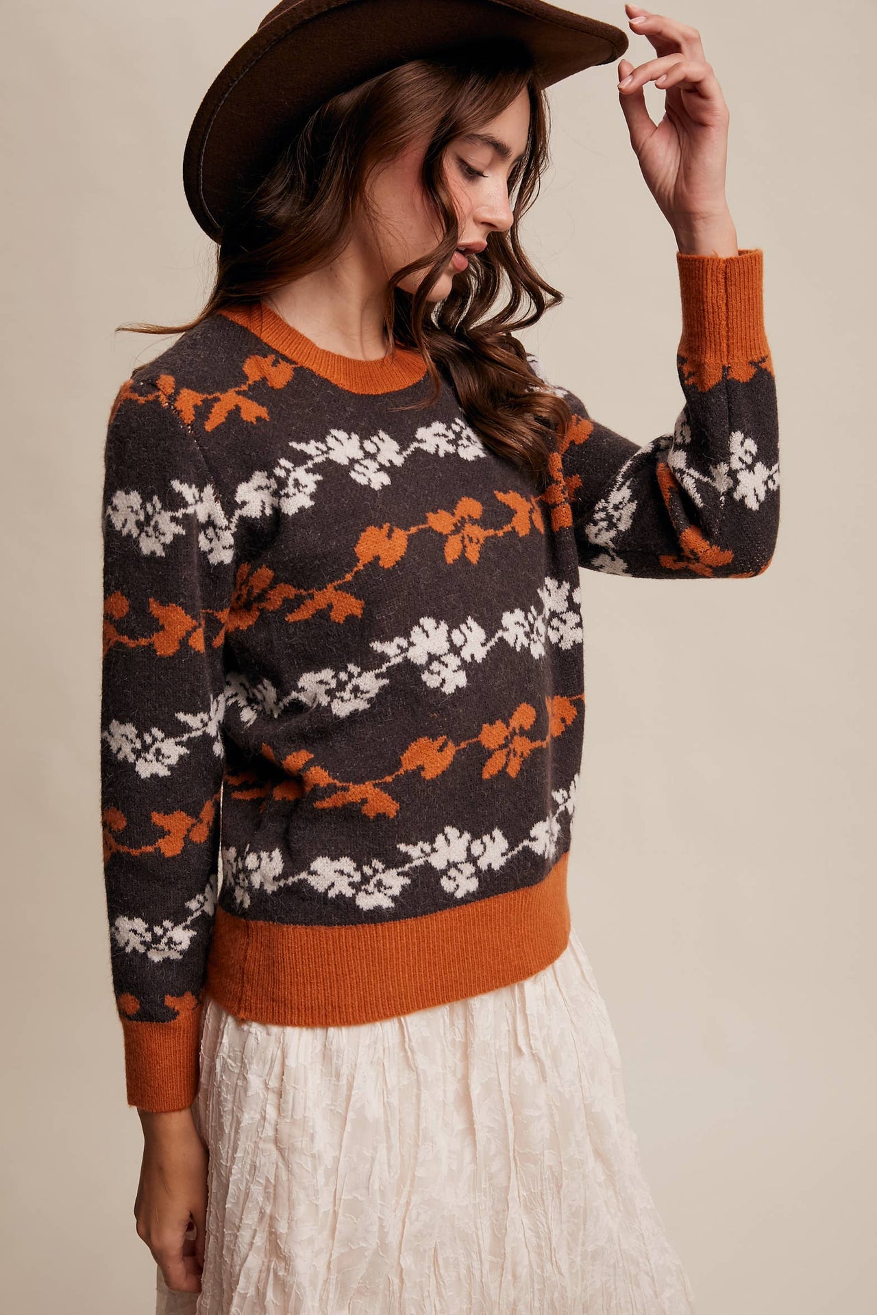 Floral Jacquard Knit Muted Rose Pullover Sweater