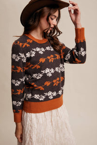 Thumbnail for Floral Jacquard Knit Muted Rose Pullover Sweater