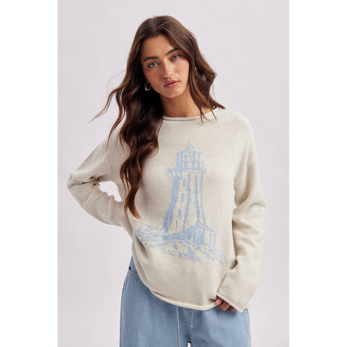 LIGHTHOUSE COASTAL GRAPHIC COZY SWEATER / WL26-13217
