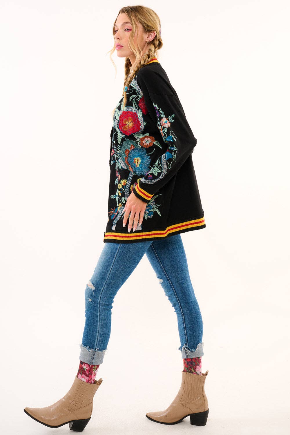 Hermione French Terry Cardigan | Floral Embroidered Jacket