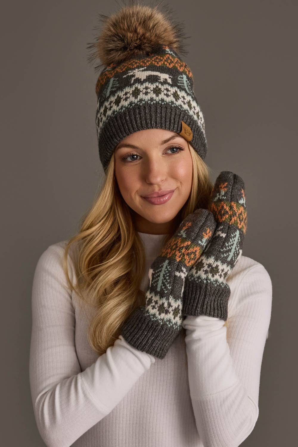 Gray Deer Winter Pattern Pom Hat