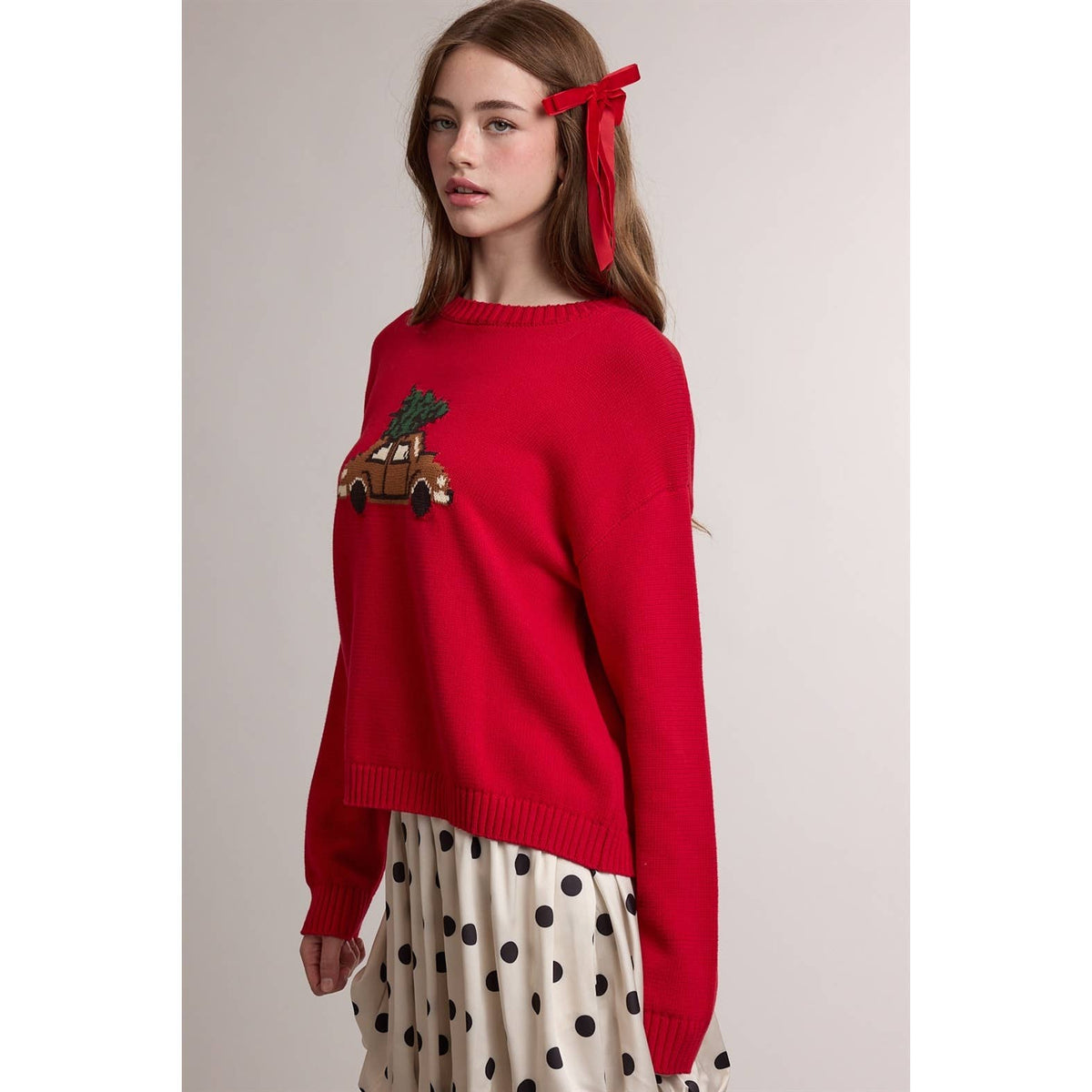CHRISTMAS TREE CAR GRAPHIC KNIT SWEATER / WL26-14078