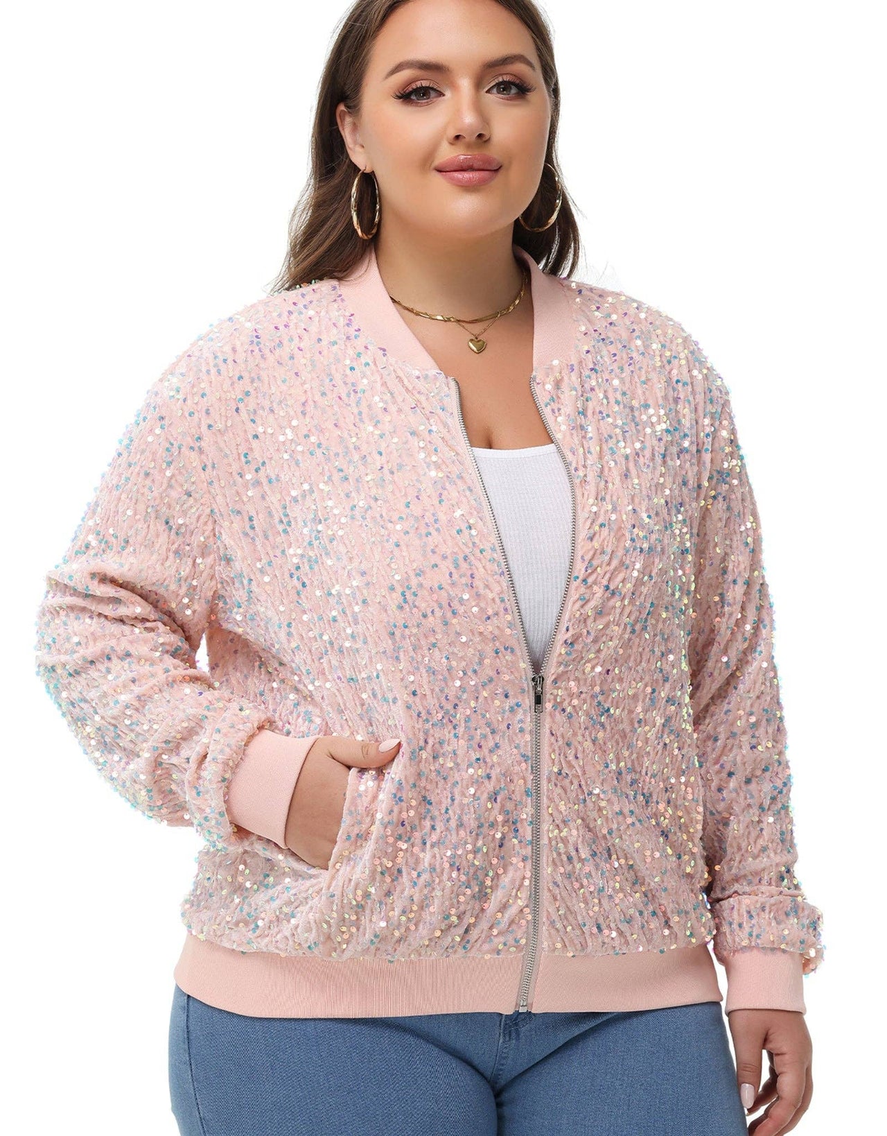 Plus Size Sequin Jacket Sparkly Zip Bomber Coat With Pockets