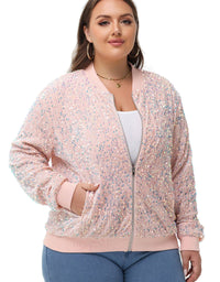 Thumbnail for Plus Size Sequin Jacket Sparkly Zip Bomber Coat With Pockets