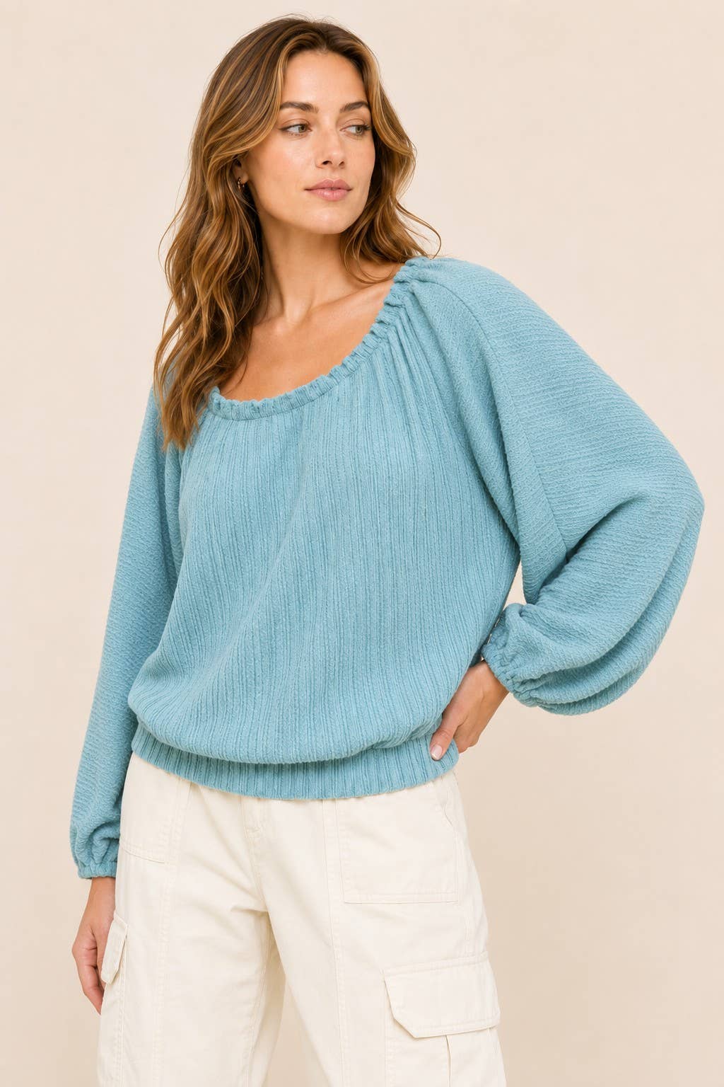 Plus pleated two tone solid dolman knit top