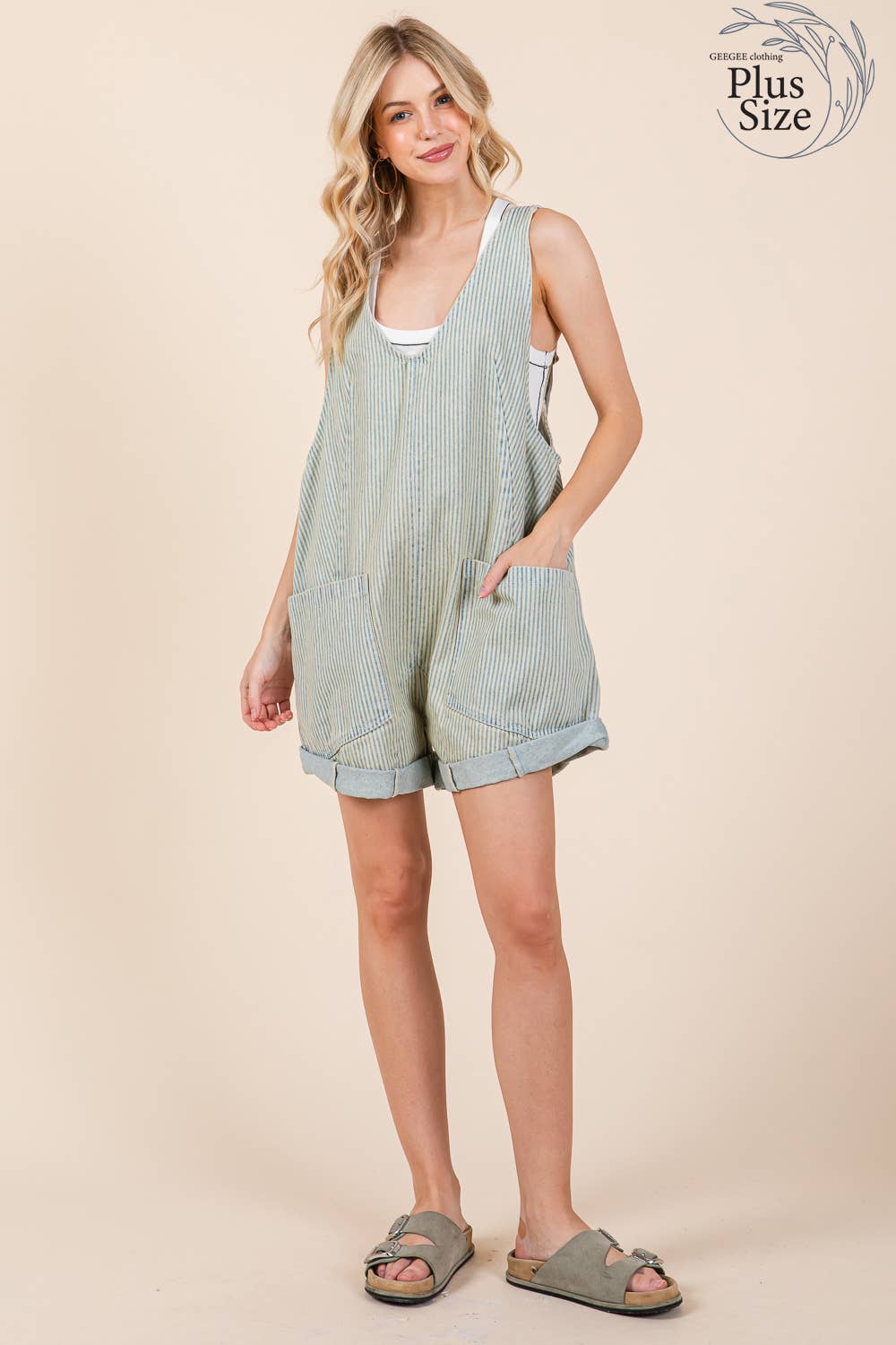 Plus Stripe Denim Shortalls/Romper