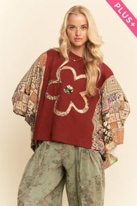 Thumbnail for PLUS BOHO PATCHWORK KNIT TOP WITH FLOWER