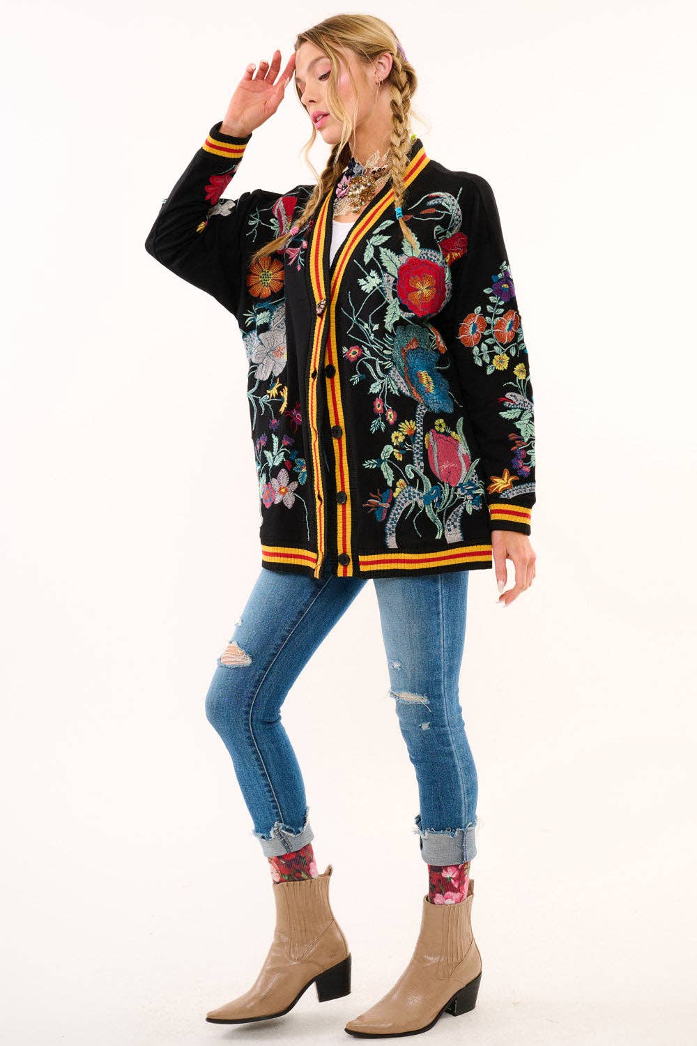 Hermione French Terry Cardigan | Floral Embroidered Jacket