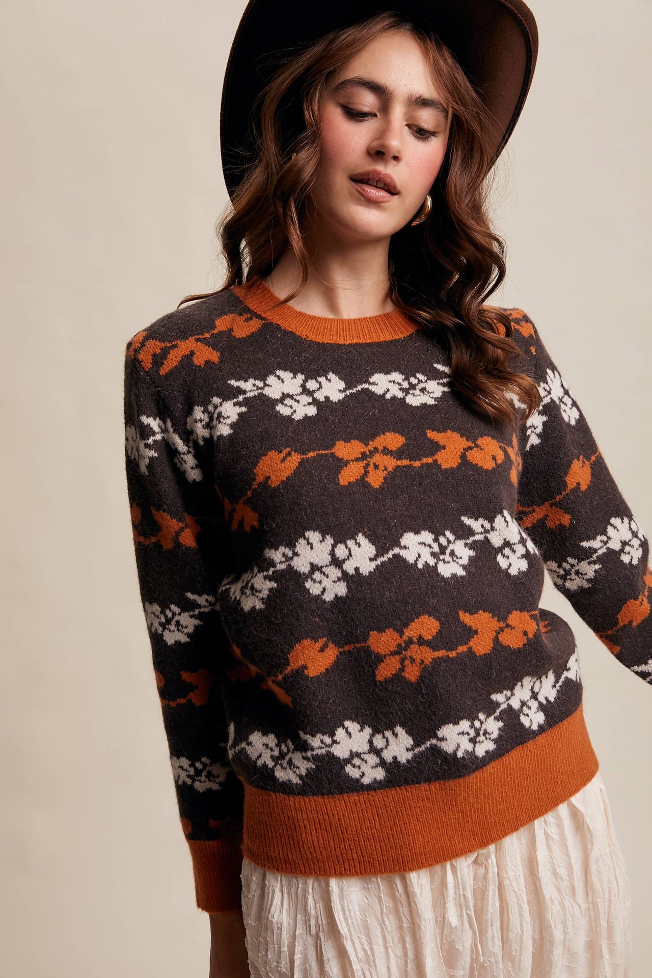 Floral Jacquard Knit Muted Rose Pullover Sweater