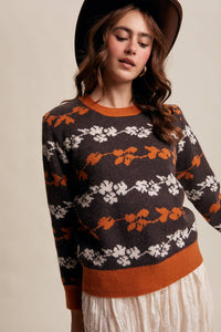 Thumbnail for Floral Jacquard Knit Muted Rose Pullover Sweater