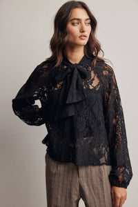 Thumbnail for Sheer Lace Tie Neck Blouse FT0059
